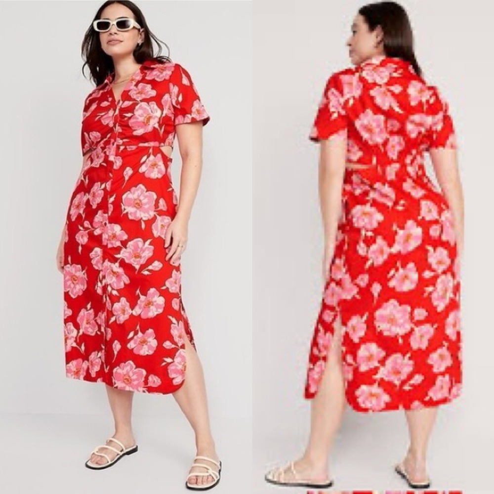 Old Navy Short Sleeve Cutout Midi Shirt Dress Pink Floral